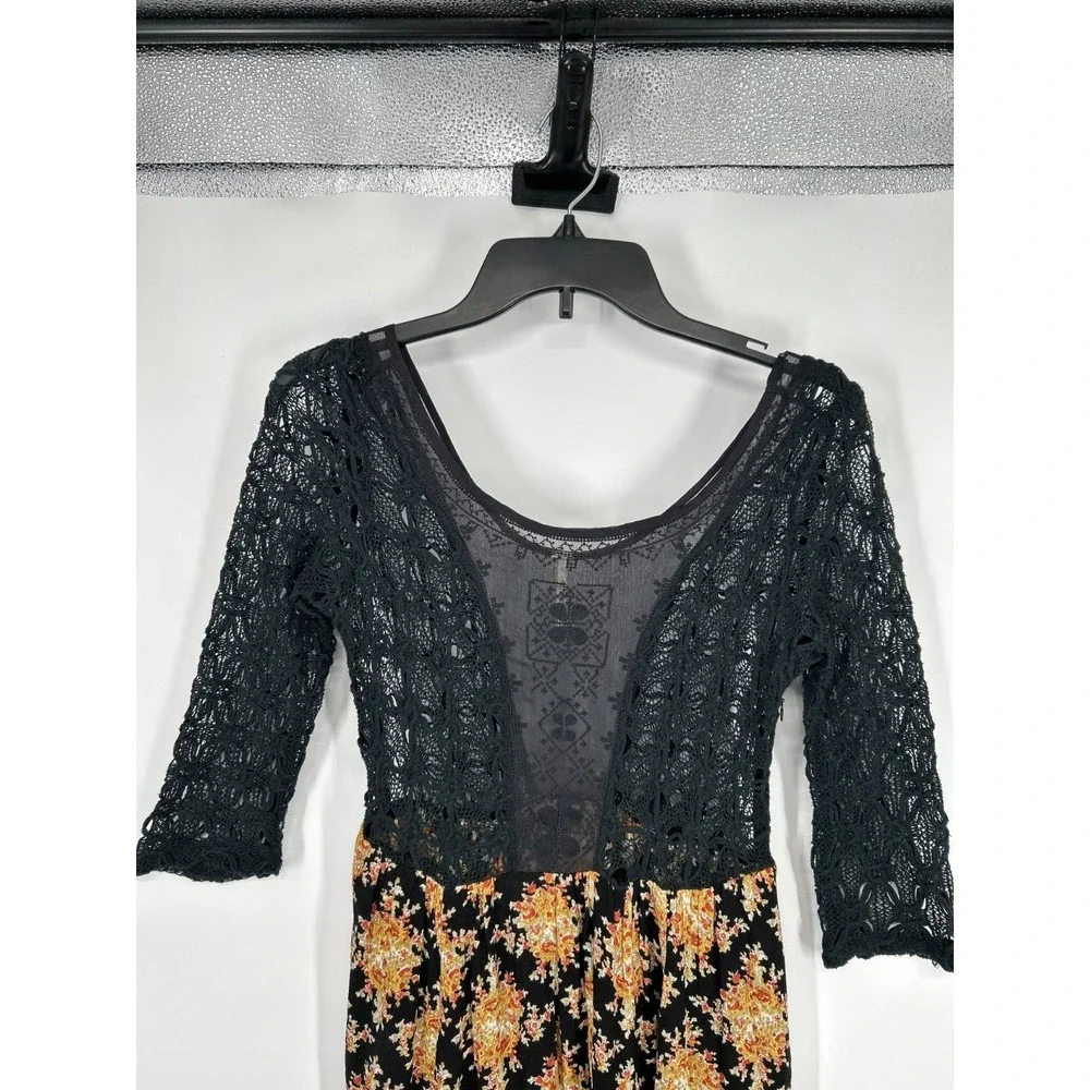 Free People Lonesome Dove Boho Dress Women's 2‎ Black Floral Lace Trim High Low